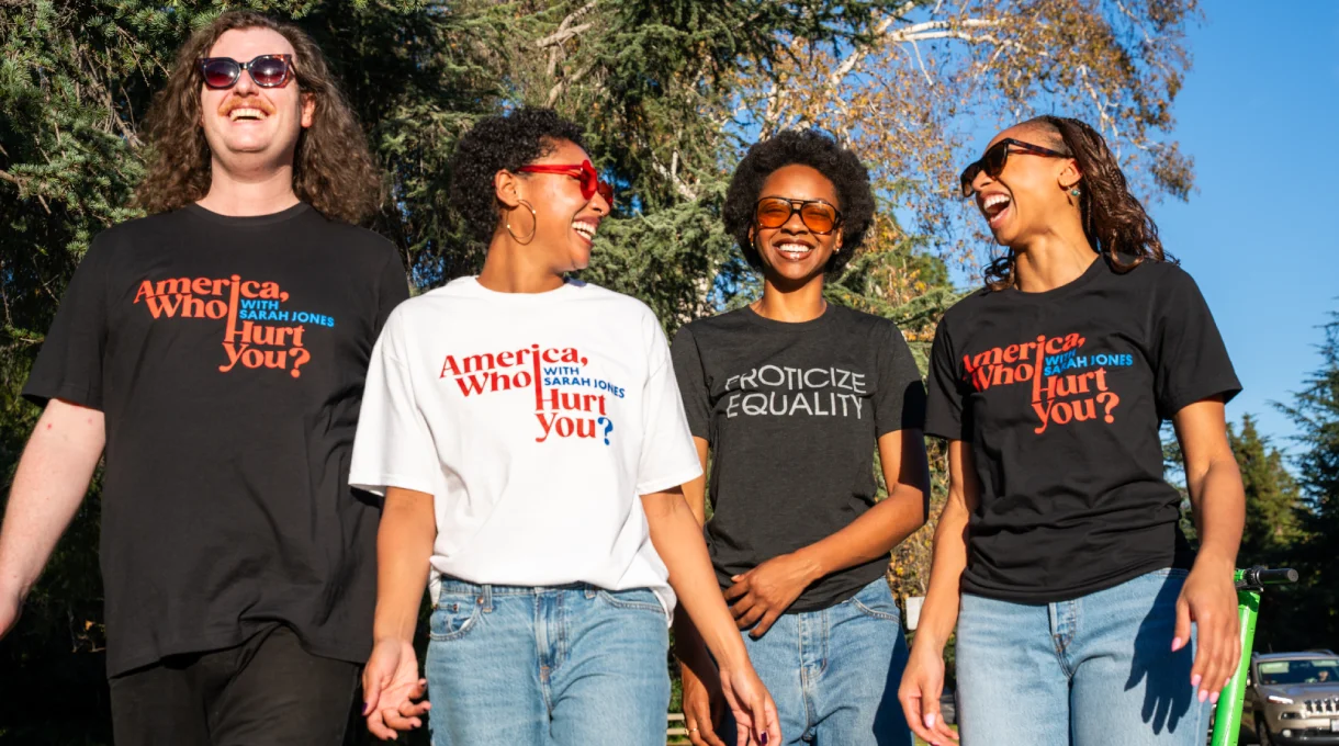 Group in slogan t-shirts outdoors